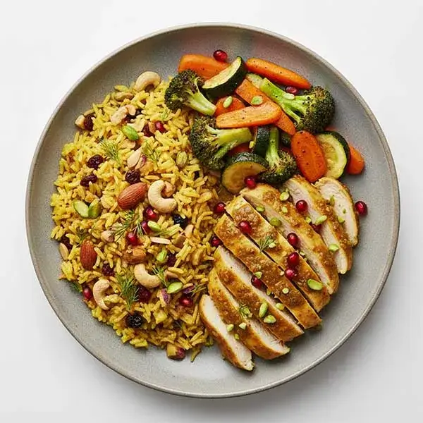 Persian Chicken Khoresh with Mixed nuts rice and roasted zucchini ,carrot & broccoli
